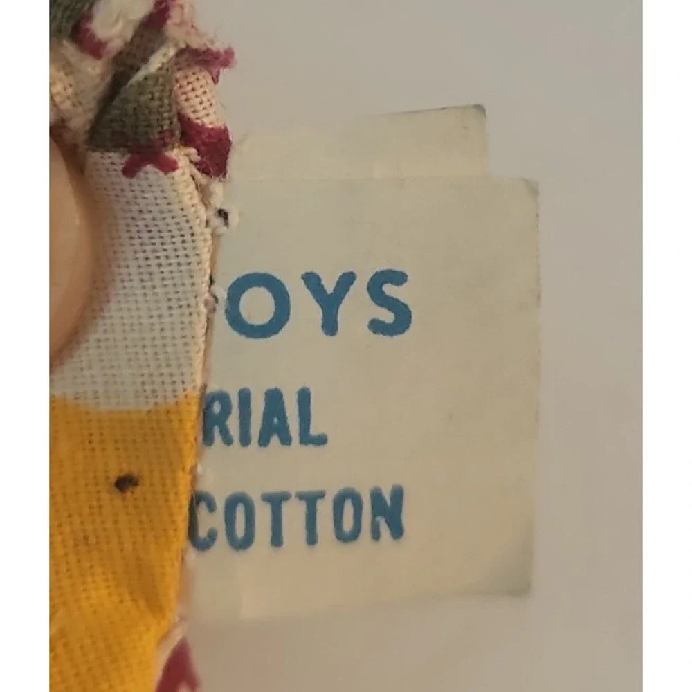 Vintage Ocean Toys cloth girl Rag Doll Yarn Hair Multicolor Patchwork Dress 6.5
